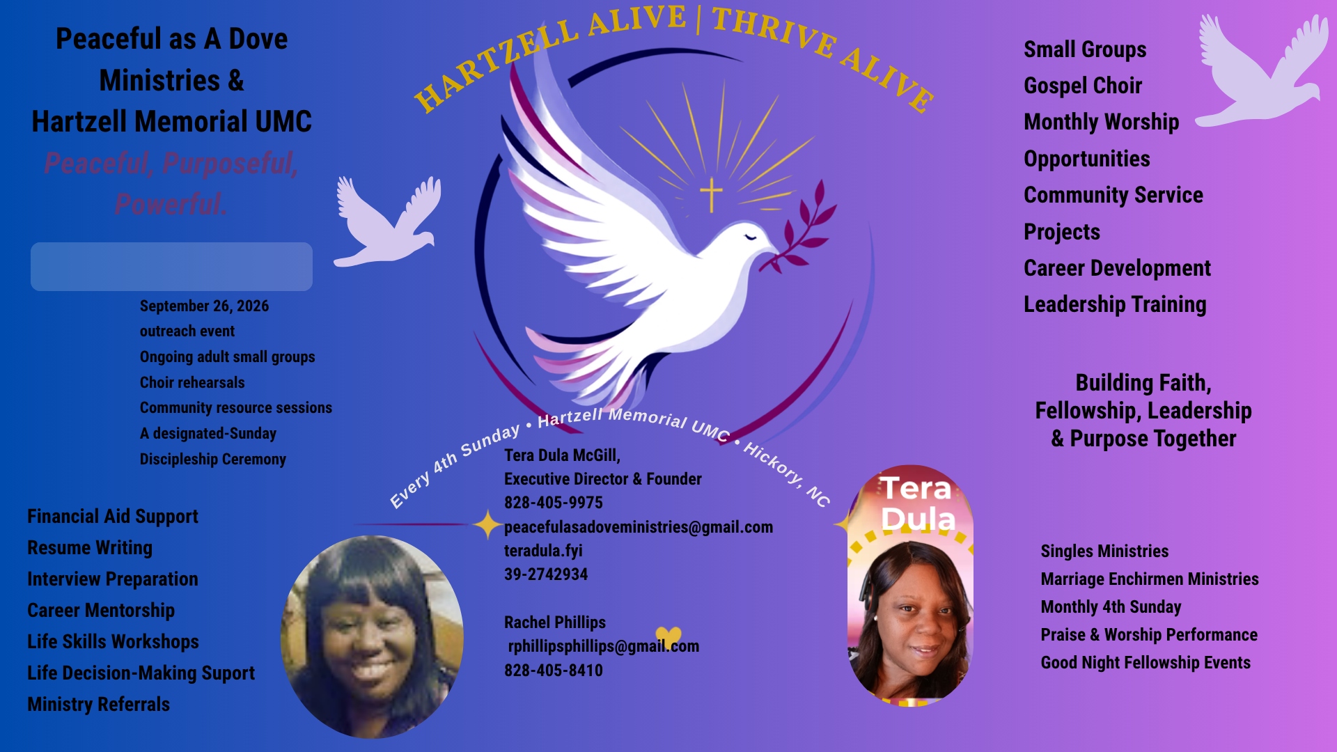 Peaceful As A Dove Ministries brand kit showing programs, services, leadership, and contact information for the Hartzell Alive Thrive Alive partnership