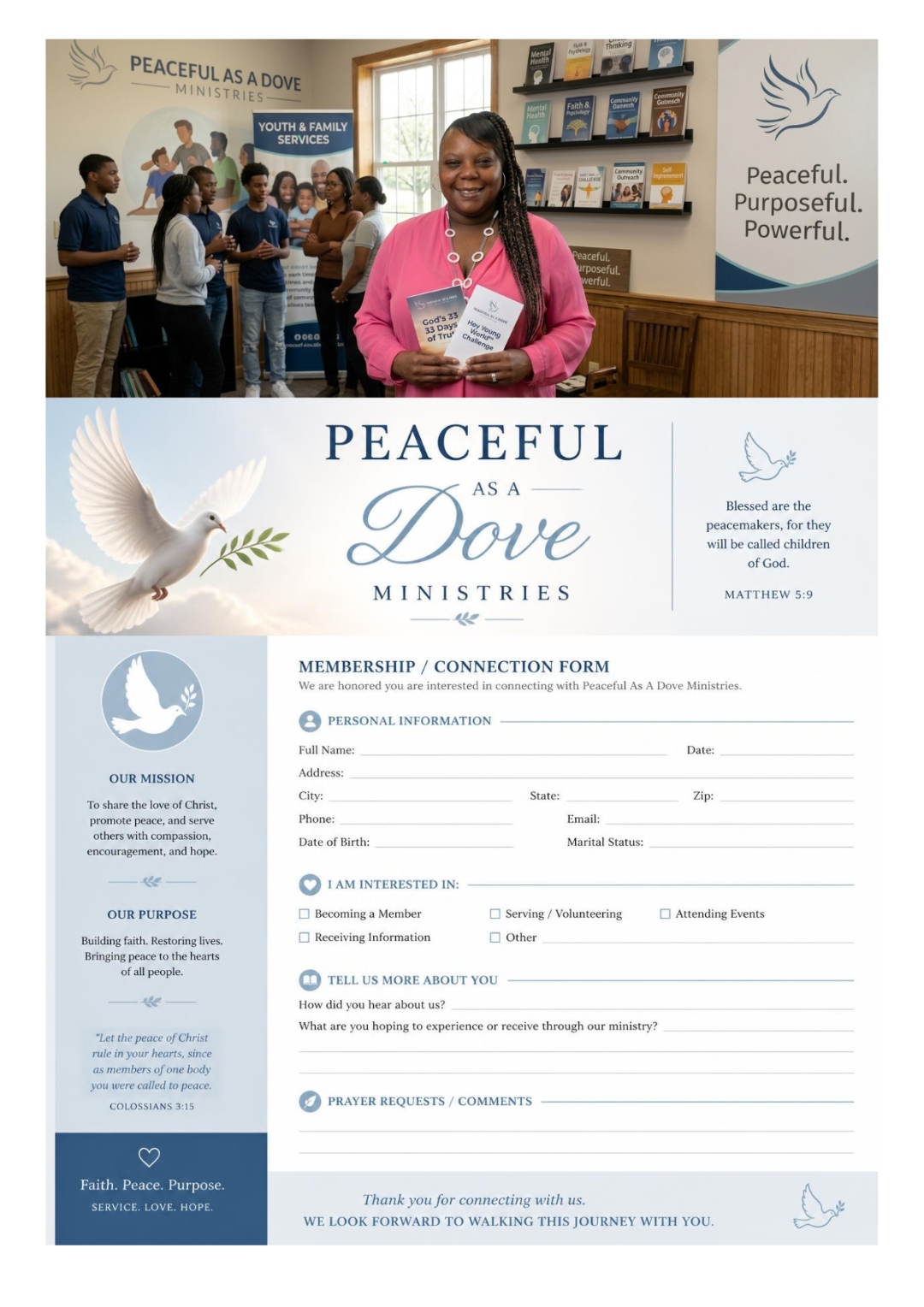 Tera Dula McGill holding God's 33 Days of Truth and Hey Young World Challenge booklets at the Peaceful As A Dove Ministries Youth & Family Services center