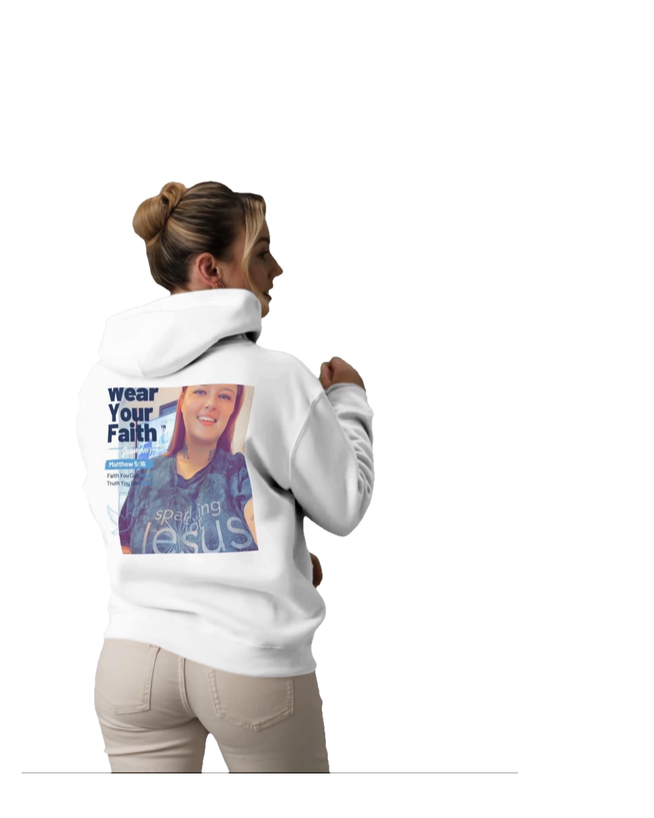 White hoodie featuring the Wear Your Faith design on the back